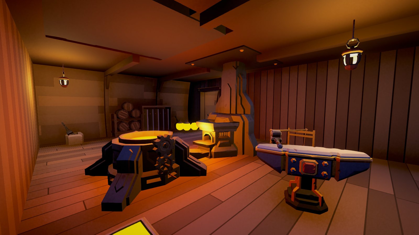 The forge room below deck: a glowing smelter, forge and anvil