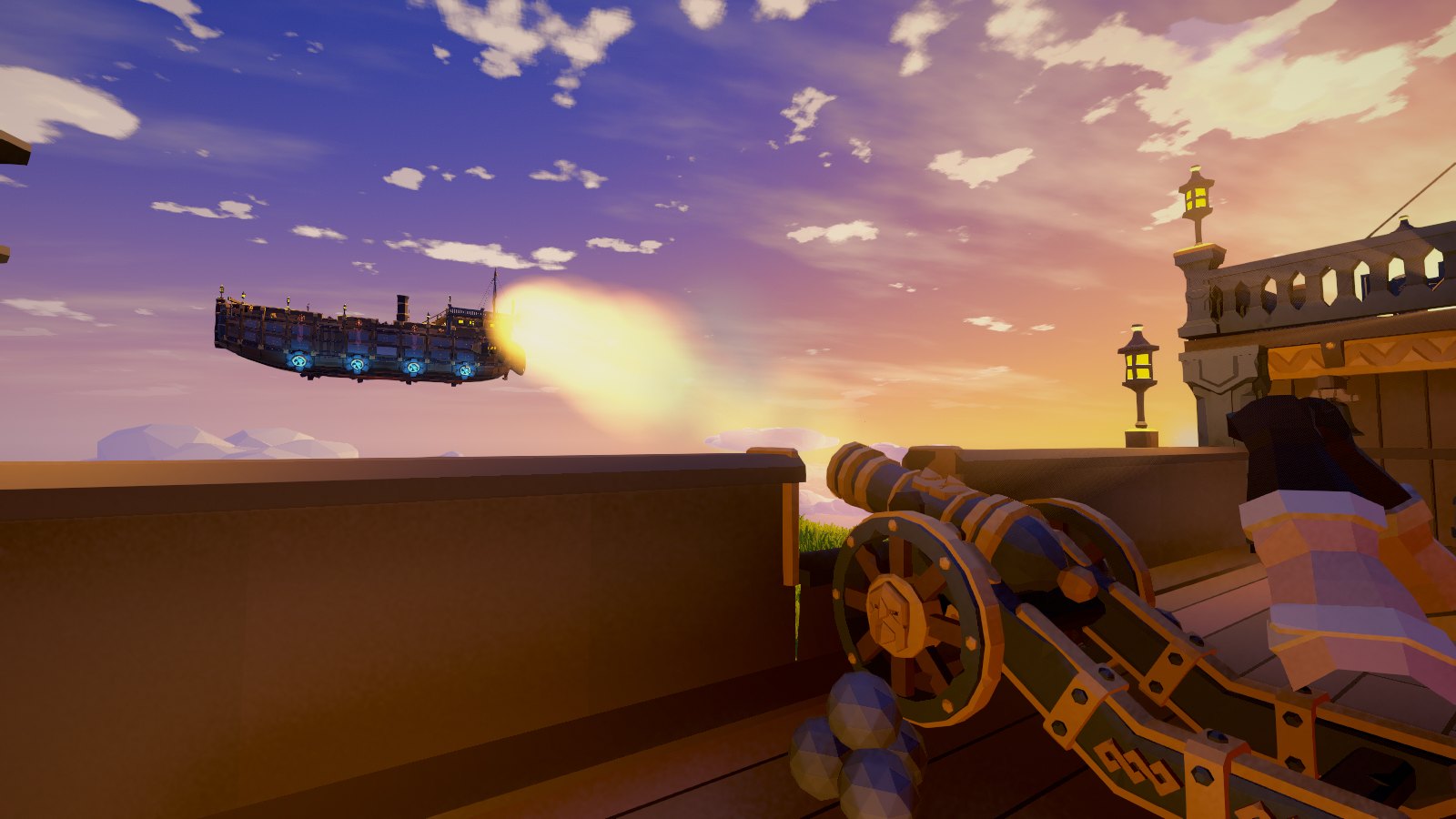 A cannon firing from the gun deck