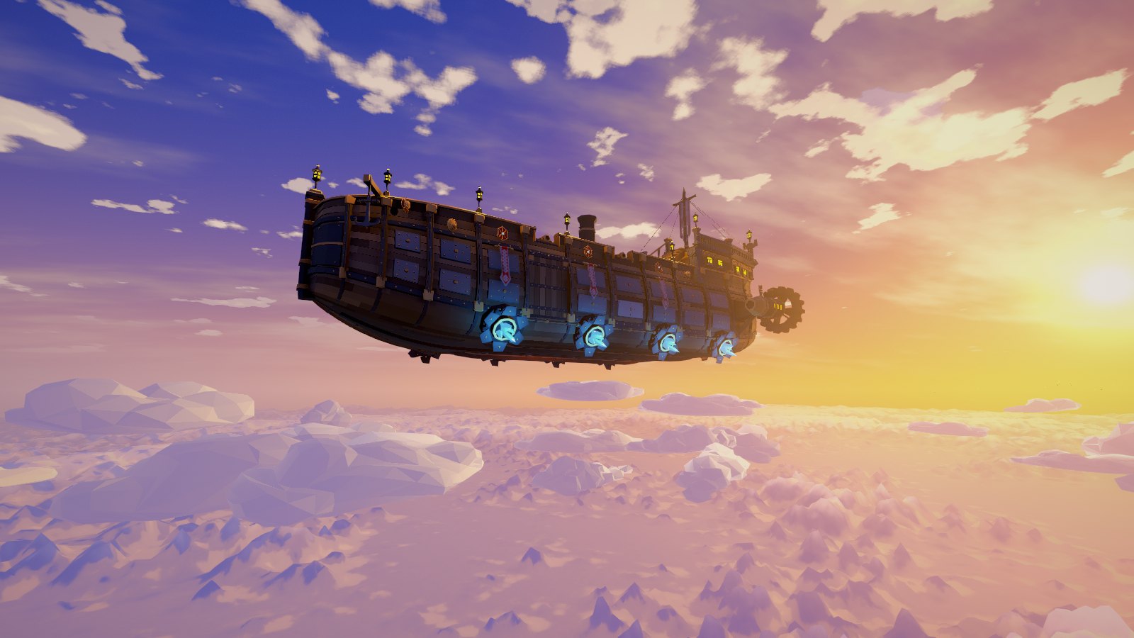 An armoured airship in flight above the clouds, lift crystals glowing along her hull