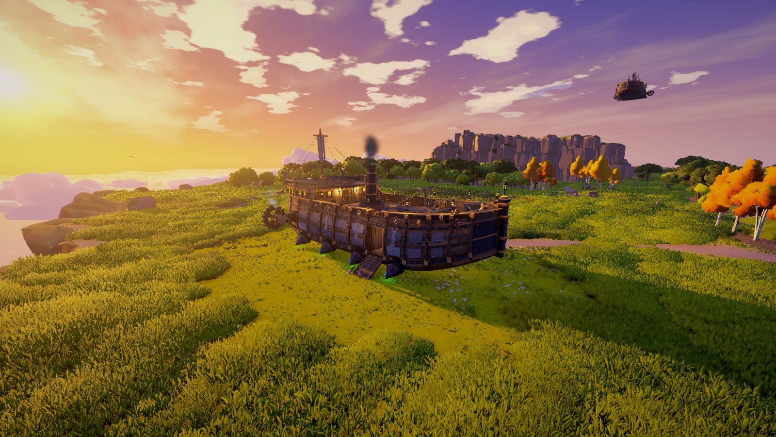 An airship landed on an island meadow with her ramp lowered