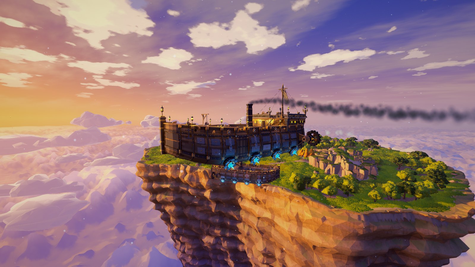 A forgeship flying low over the rim of a floating island at sunset, with a second ship below